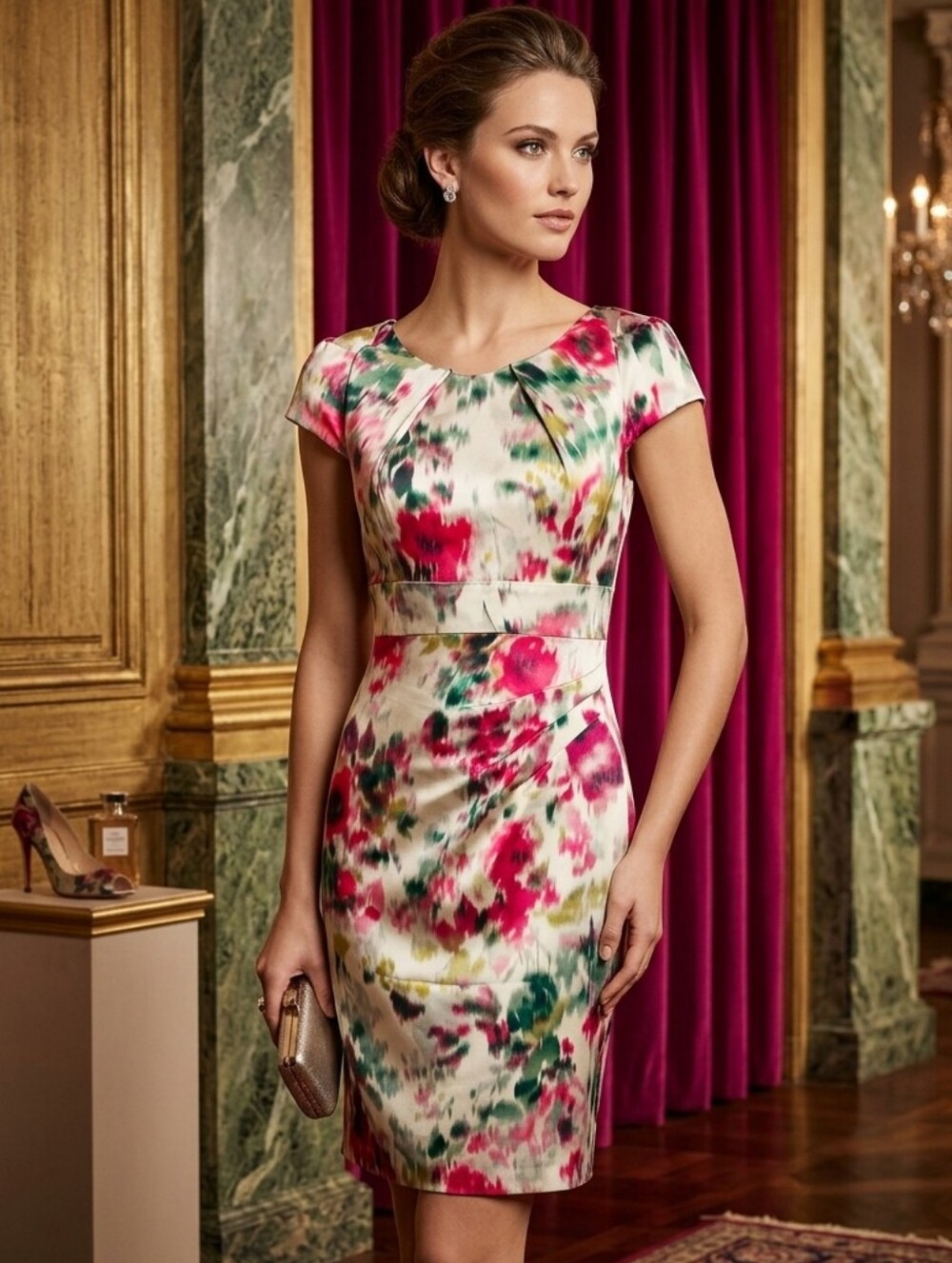 573. BeBe Silk Floral Watercolor Sheath Midi Dress SIZE Small US Size 2–4